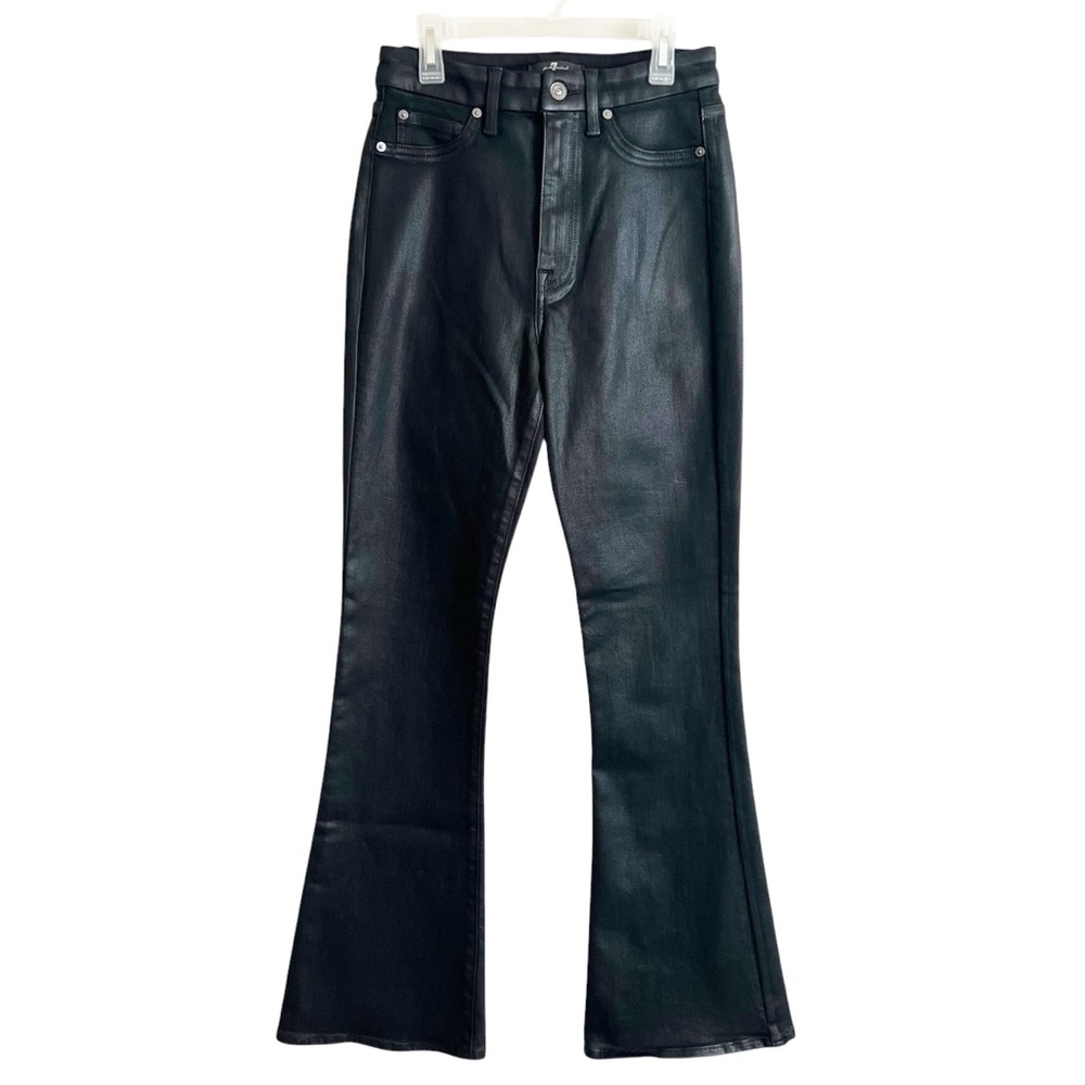 7 For All Mankind Coated Black Flare Jeans 27 High Rise Sleek Shiny Stretch Y2K